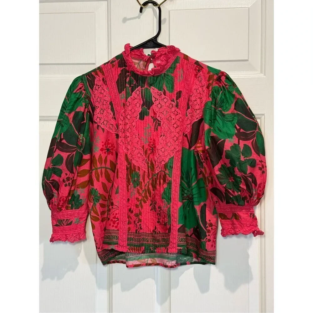 Farm Rio Floral Yard Blush Volumious Puff Half Sleeves High Collar Blouse XS